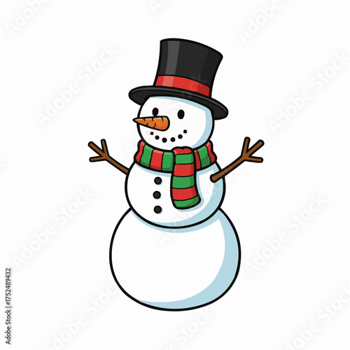 Cute cartoon snowman wearing a black top hat and a red and green striped scarf