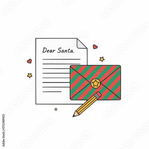 Childs drawing of a letter to santa claus with a festive envelope and pencil