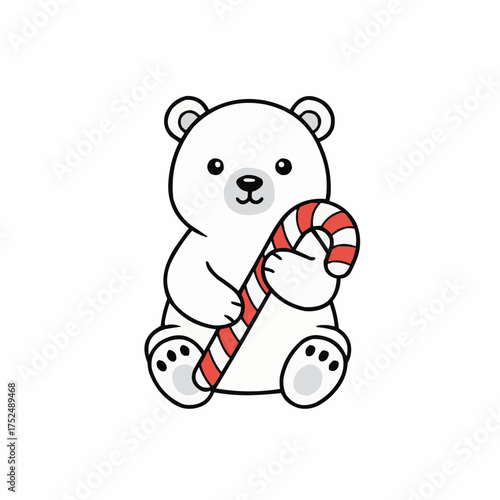 Cute cartoon polar bear sitting and holding a red and white striped candy cane