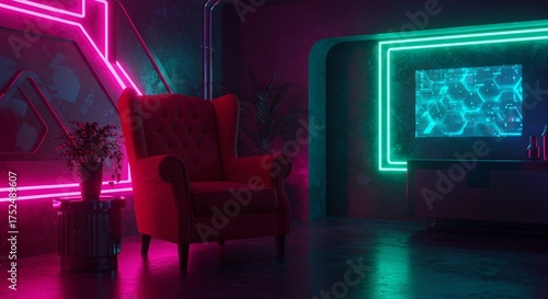a red chair in a room with neon lights