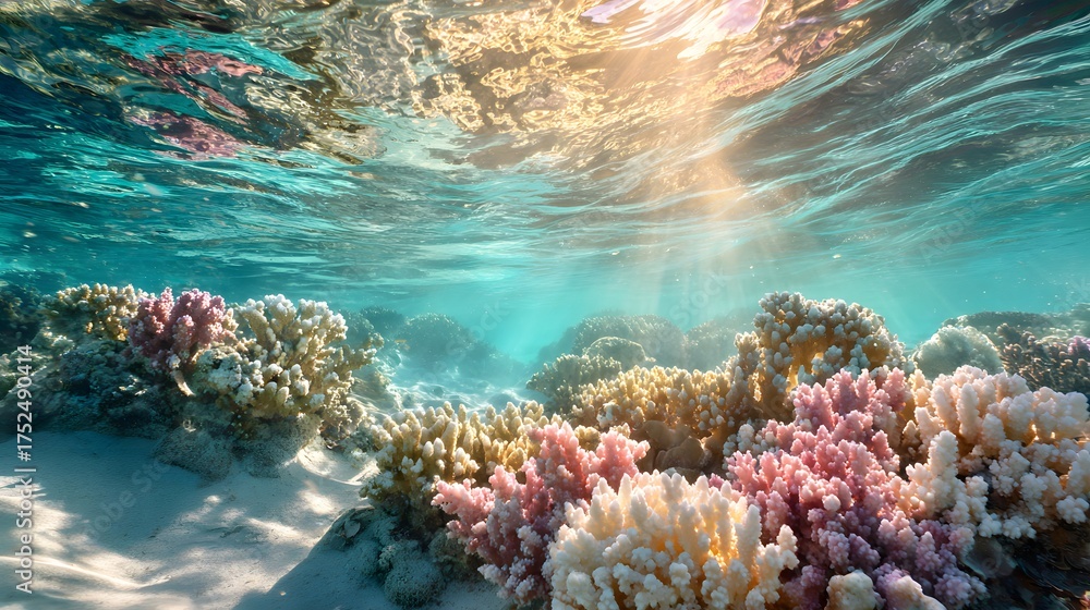 Naklejka premium Sunlight streams through turquoise water onto colorful coral reefs below.