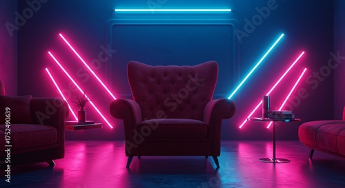 two chairs in a room with neon lights