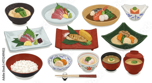 A Delicious Assortment of Japanese Cuisine and Meal Dishes in a Beautiful Arrangement