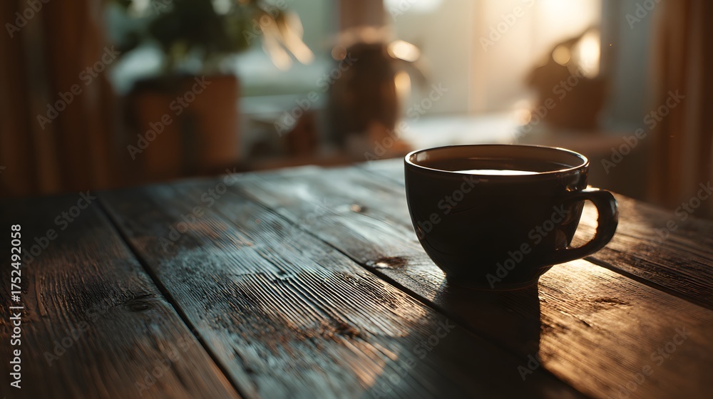 Fototapeta premium Dark mug filled with hot beverage sits on a rustic wooden table.