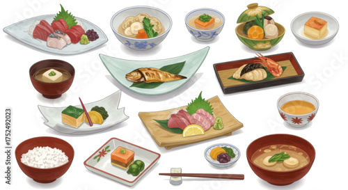 Traditional Japanese Cuisine Food Dishes From Japan Represented In A Top View Illustration