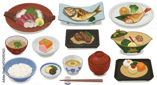 A collection of traditional Japanese dishes, showcasing diverse culinary offerings and presentation styles