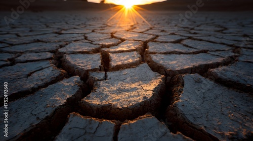 Cracked dry earth at sunset with dramatic sun rays illuminating the ground.