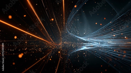 Abstract digital art with light trails and particles on a dark background.