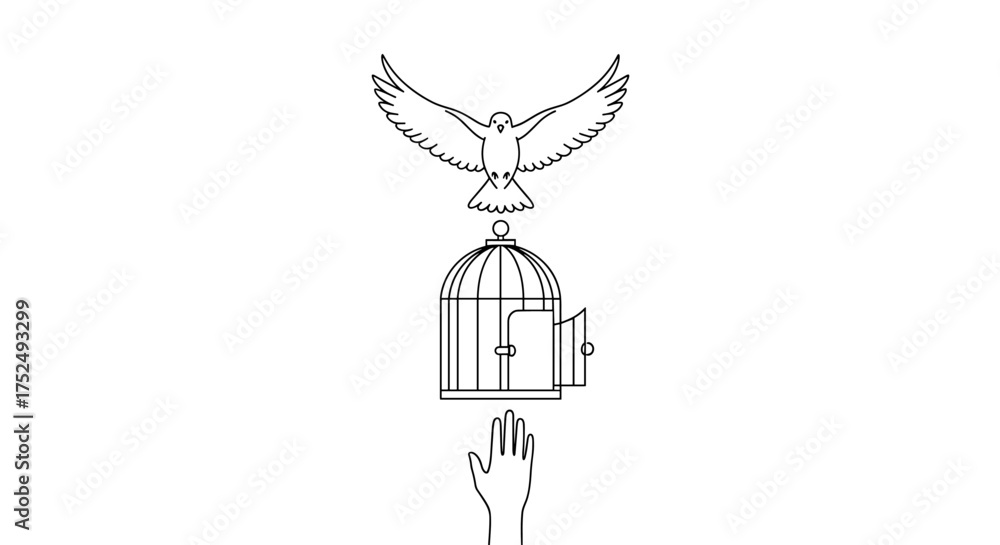 Naklejka premium Symbolic freedom illustration featuring a bird soaring upwards from an open cage above a reaching hand, representing hope and liberation