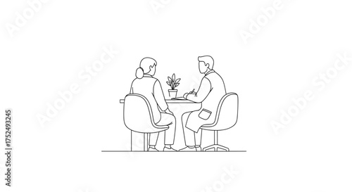 Doctor consulting with patient in clean, modern office setting, offering medical advice during wellness checkup, promoting health and peace of mind