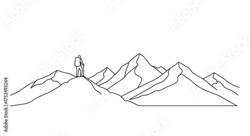 Stunning mountain peak illustration with lone hiker silhouette for inspirational designs, adventure blogs, and minimalist artwork projects, a simple black and white theme