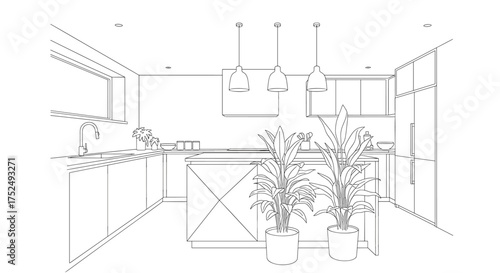 Stylish kitchen design blueprint showcasing a modern island and pendant lights for interior design inspiration and architectural visualization projects