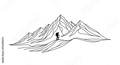 Inspiring mountain expedition silhouette with hiker reaching peak, perfect for adventure brands and outdoor lifestyle promotions, simple and bold graphic