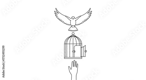 Symbolic freedom illustration featuring a bird soaring upwards from an open cage above a reaching hand, representing hope and liberation