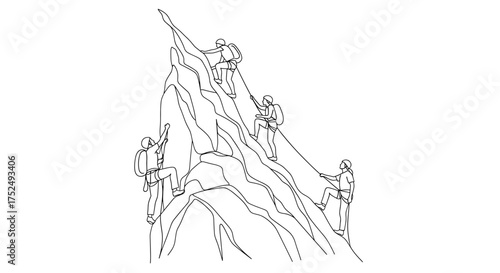 Mountain climbers scaling to the peak, a symbol of adventure and perseverance, perfect for illustrating teamwork and overcoming challenges in business