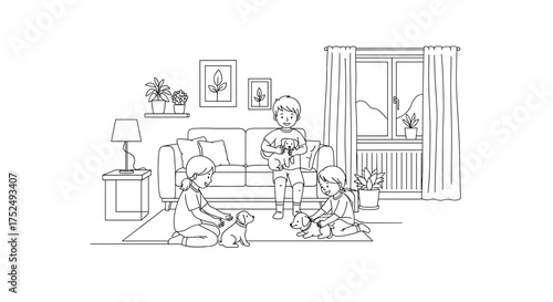 Playful afternoon together as kids joyfully interact with adorable puppies in a cozy living room - perfect for heartwarming family moments and childhood memories