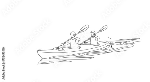Two kayakers paddling together on water, perfect for adventure tourism marketing or outdoor recreation content, promoting teamwork and active lifestyles