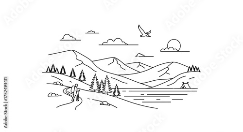Explore scenic mountain trails with a friend and bask in the sun's warm glow in nature's embrace, camping under a clear sky for a peaceful getaway