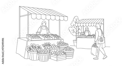 Fresh produce at the farmers market, supporting local vendors and enjoying healthy food, simple line art illustration perfect for community events