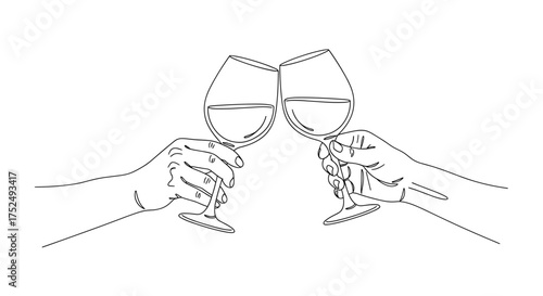 Elegant line art depicting a celebratory wine toast, perfect for invitations, announcements, or sophisticated designs, capturing joy and connection