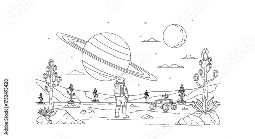 Astronaut explores a new world with Saturn in view, a minimalist line art illustration perfect for science, space, and futuristic themes