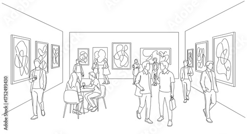 Engaging line art of an art gallery opening with guests admiring modern abstract paintings, perfect for illustrating culture and sophisticated events