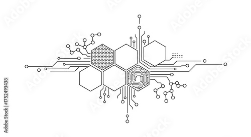Futuristic technology design featuring interconnected hexagons and circuit board elements conveys innovation and connectivity for modern tech concepts