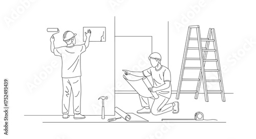 Detailed outline of home improvement workers painting and planning renovations, perfect for DIY guides or architectural design projects, clean and modern style