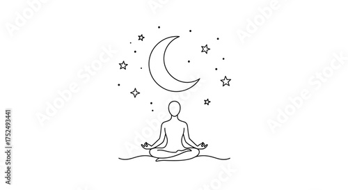 Find inner peace through mindfulness, a serene meditation under the stars and crescent moon promotes relaxation and well being during nighttime yoga