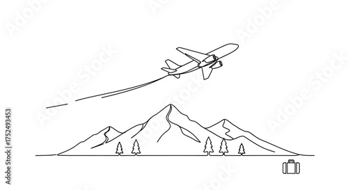 Fly High with Adventure Awaits Airplane Soaring Over Majestic Mountains with a Suitcase Ready for Exploration Awaits at the Base Inspiring Wanderlust
