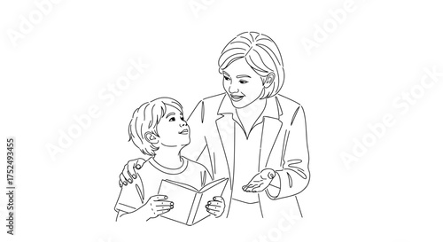 Caring teacher supports student with reading, fostering a love of learning and building confidence in a minimalist illustration, perfect for education materials