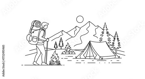 Inspiring line art of outdoor adventure with a hiker camping in nature under the sun, perfect for promoting travel and exploration brands