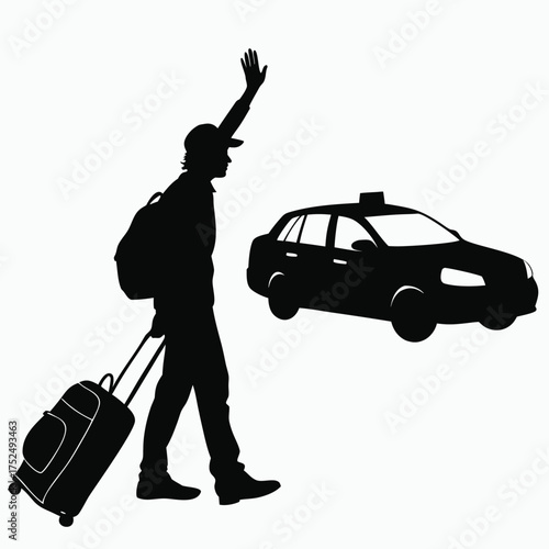 Traveler waving cab silhouette