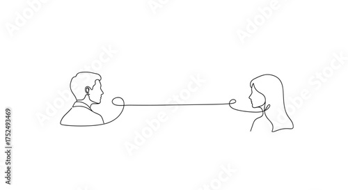 Minimalist line art showing connected communication between man and woman for modern relationships, business collaboration, and innovative connections.