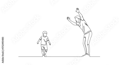 Dad celebrates son's goal with joyful enthusiasm in minimalist line art, radiating love and family happiness through simple design perfect for heartwarming projects