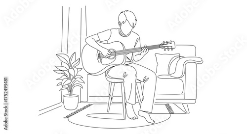 Relaxing at home with acoustic guitar music creates a peaceful vibe, perfect for ads about hobbies, leisure, and home life entertainment during downtime