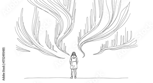 Woman facing mental burdens and anxieties in a minimalist line art style, perfect for conveying introspection, stress, and psychological challenges