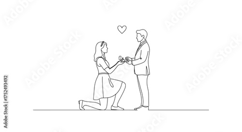 Elegant minimalist line art showing a woman receiving a proposal, perfect for wedding invitations or romantic design projects needing a touch of modern simplicity