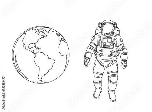 Line art of spaceman floating near Earth offers a minimalist, modern, and clean design ideal for educational resources or futuristic branding concepts