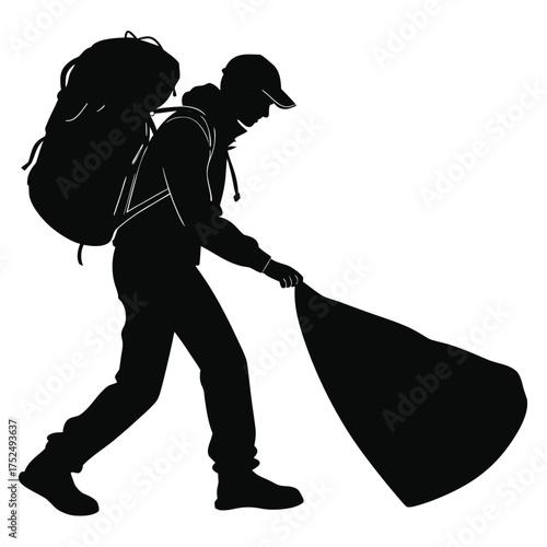 Backpacker holding sleeping bag silhouette