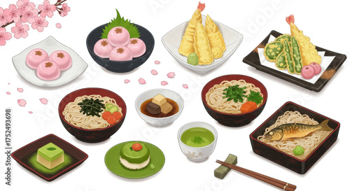A Japanese Cuisine Collection Featuring Delicate Sweets, Savory Tempura, and Hearty Noodle Dishes