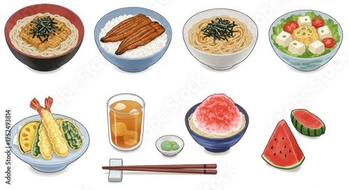 Japanese Cuisine and Refreshments A Vibrant Collection of Traditional Dishes and Summer Treats