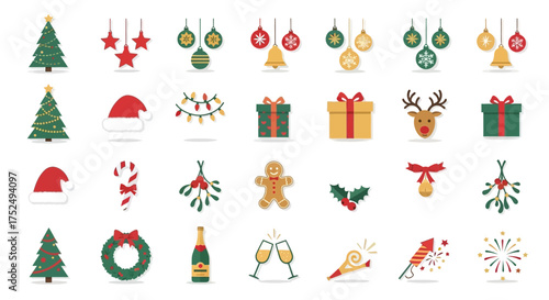 Christmas and New Year Holiday Icons Festive Decorations, Gifts, and Celebrations