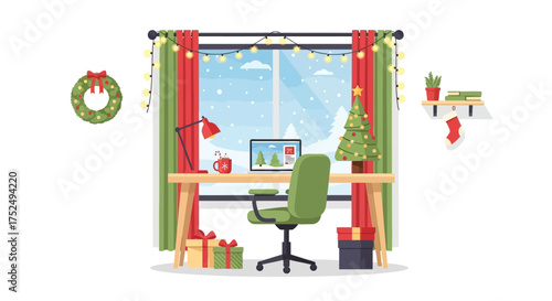 Festive Workspace Setup with Christmas Tree, Gifts, and Snowy Window View
