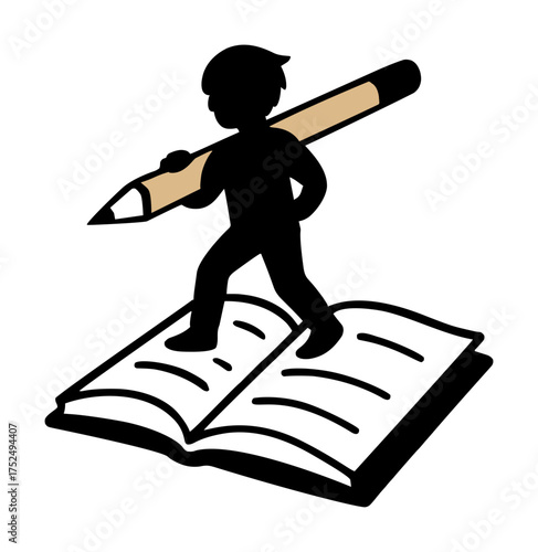Vector illustration of silhouette boy walking on an open book while carrying a large pencil, symbolizing imagination and learning.