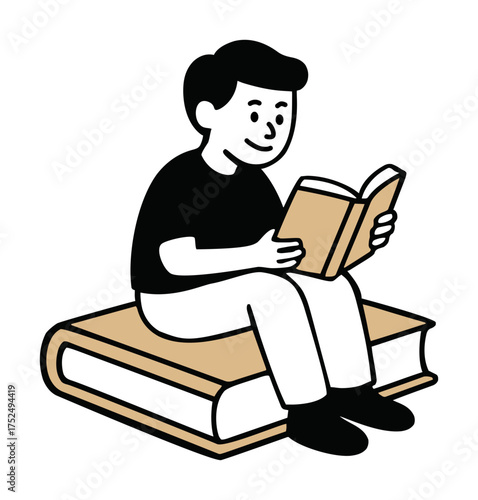 Vector illustration of smiling cartoon boy sitting on a large book while reading, ideal for education and literacy themes.