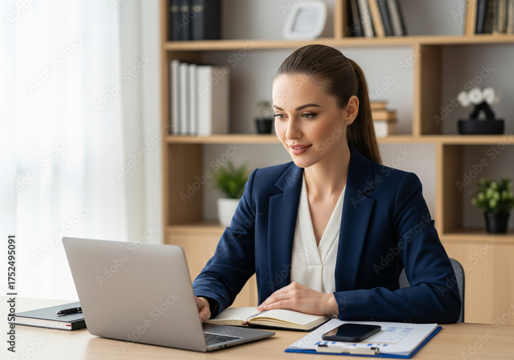 Fototapeta premium Lady in black suit have a video conference call with her colleagues. Motion background for the business routine concept.