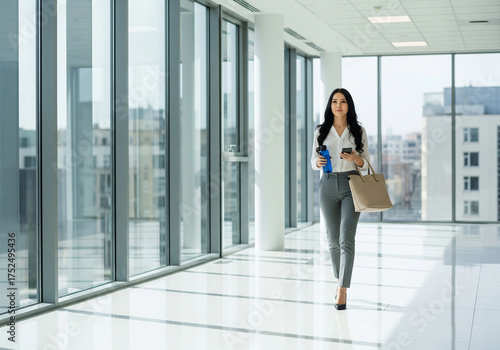 Free Download Successful young business woman walks to office building holding coffee and papers. Smiling girl with long hair wearing white shirt and skirt. Career growth, successful women. - GFXLoad