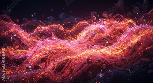 Abstract energetic glowing wavy strands with sparkling particles in a dark ethereal background