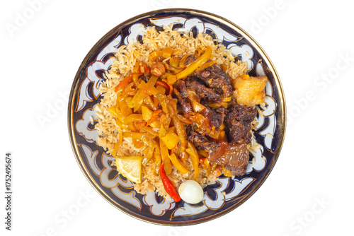 Traditional Uzbek Plov with Lamb, Rice, and Vegetables on White Plate isolated images